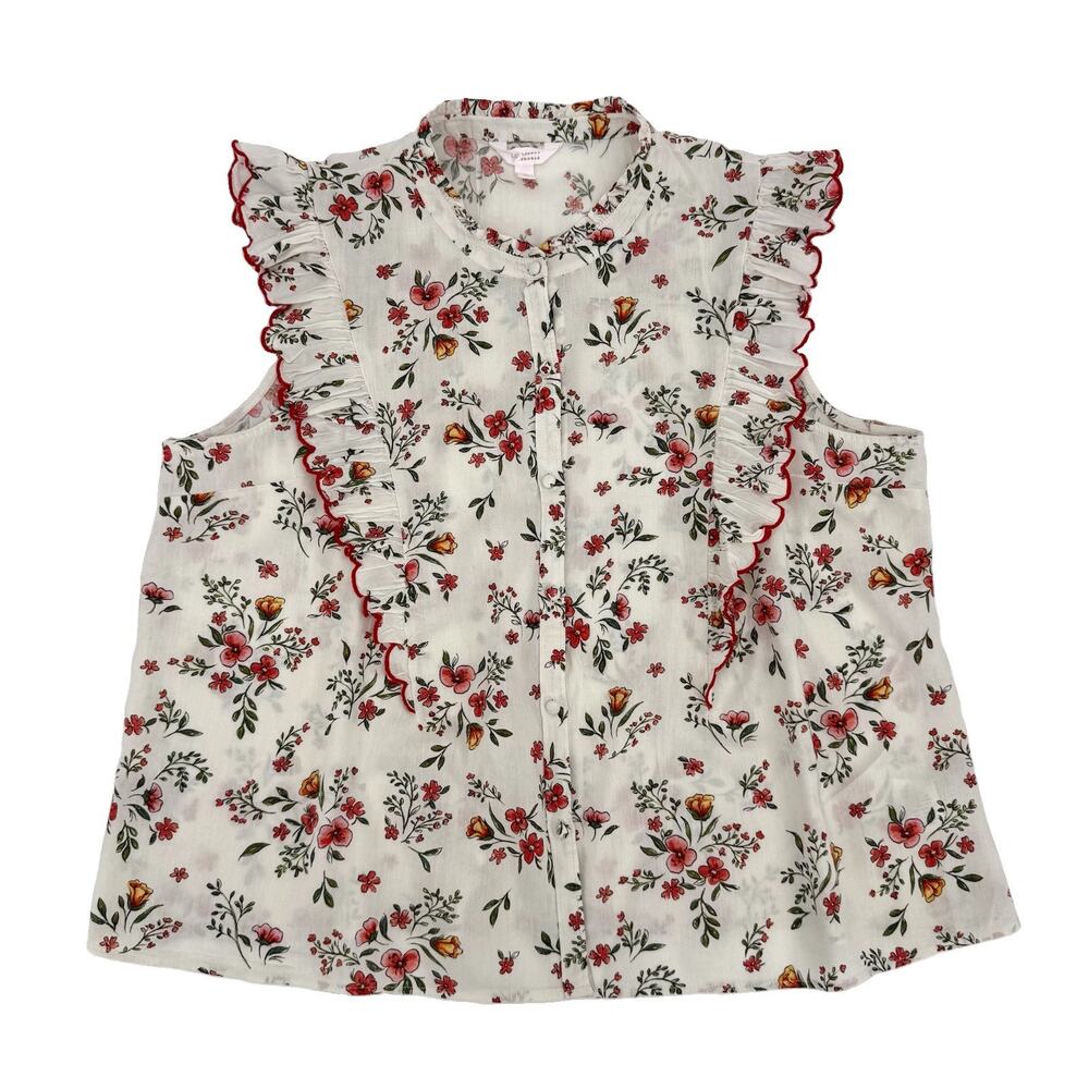 LC Lauren Conrad XL Floral Ruffle Blouse Sleeveless Cottagecore Cotton Rayon
